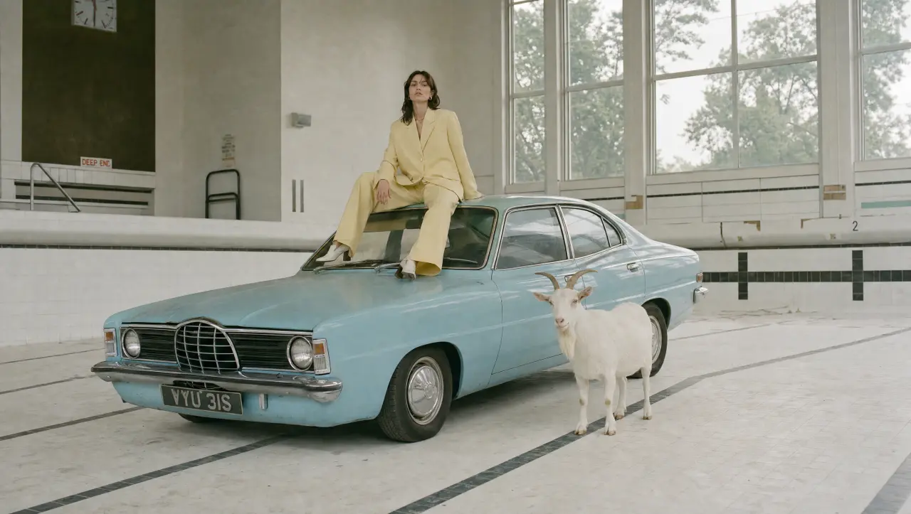Woman in yellow suit sitting on light blue vintage car next to a white goat in a modernist interior space