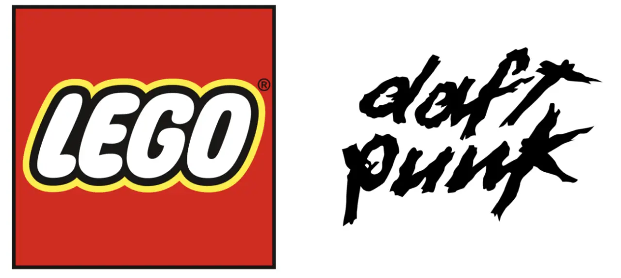 LEGO logo on red background next to Daft Punk's black spiky handwritten text logo