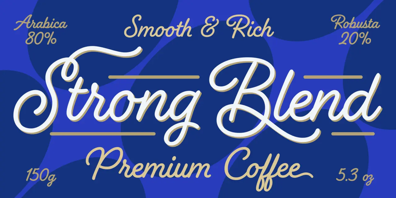 Strong Blend Premium Coffee label featuring Arabica 80% and Robusta 20% beans on a blue background with gold lettering