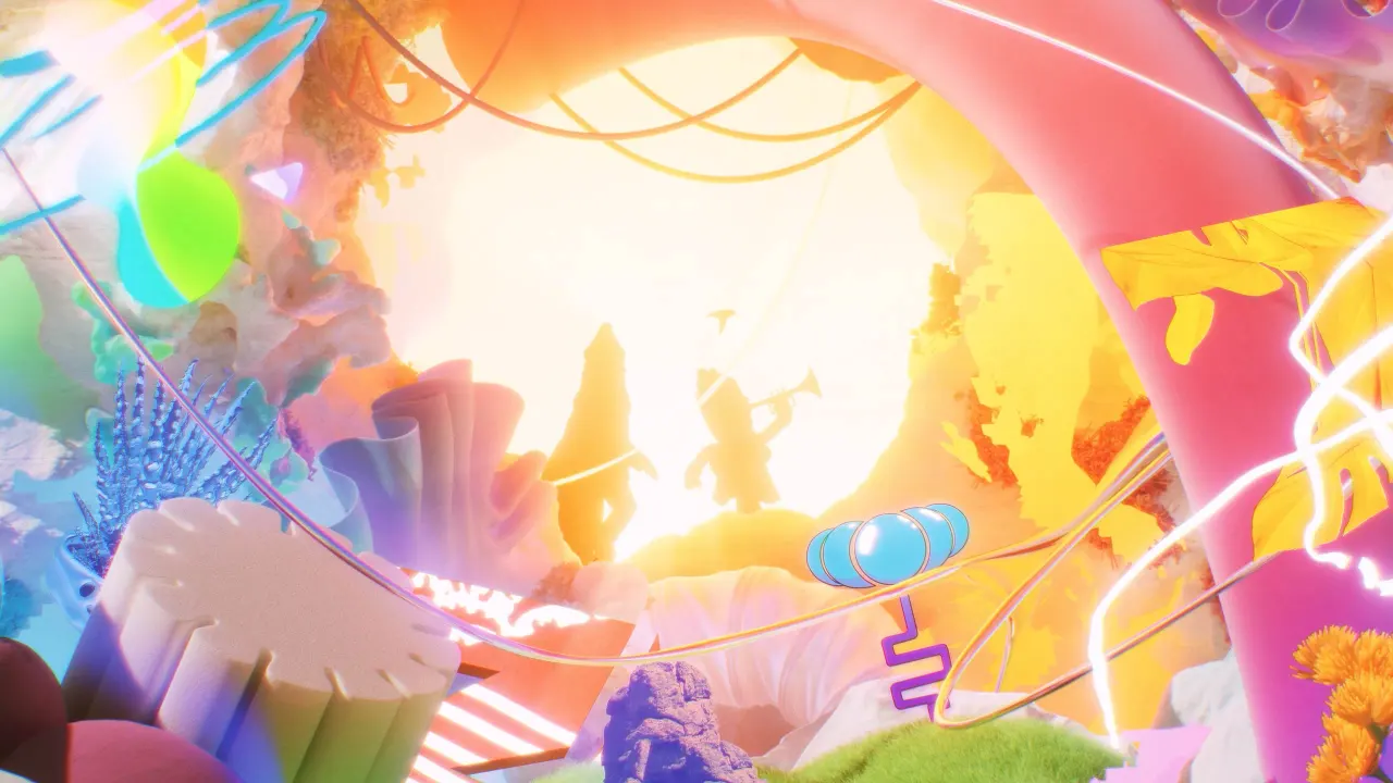 Vibrant abstract animation with overlapping colourful shapes, light rays and swirling elements creating a dynamic, dreamlike composition