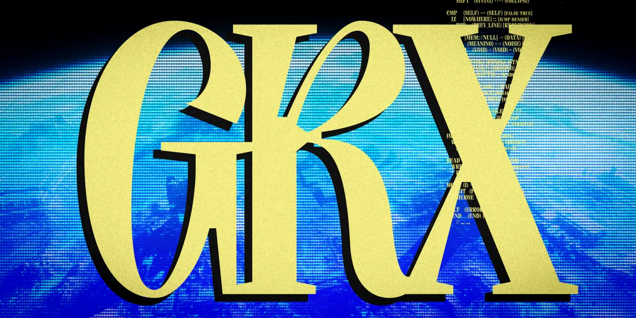 Large yellow letters spelling GRX against a blue pixelated background with a glowing horizon effect