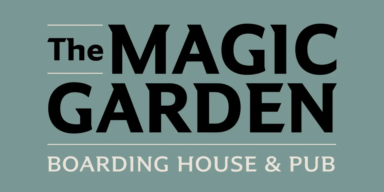 The Magic Garden Boarding House & Pub logotype in bold black sans-serif type on a muted blue-green background with decorative horizontal lines