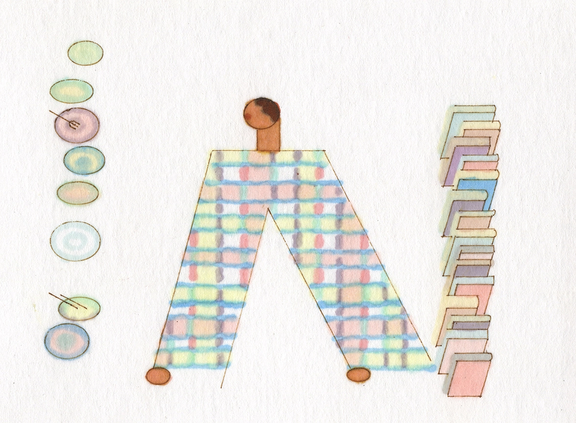Illustration of a figure wearing colourful checkered pants with wooden limbs, flanked by colour swatches on the left and folded fabric samples on the right