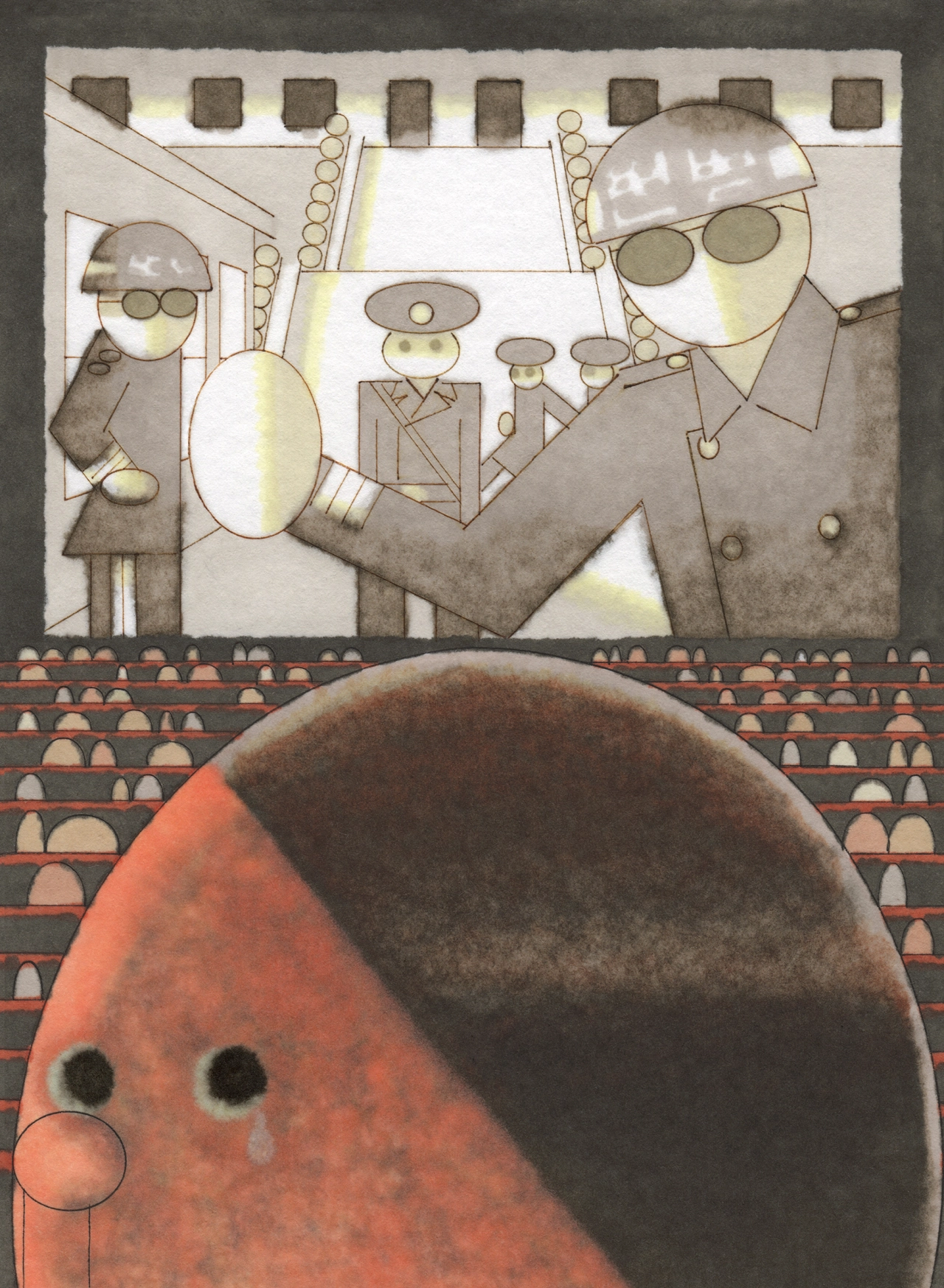 Illustrated figures wearing sunglasses and helmets stand in a cinema, with a large red face visible in the foreground and rows of seats below