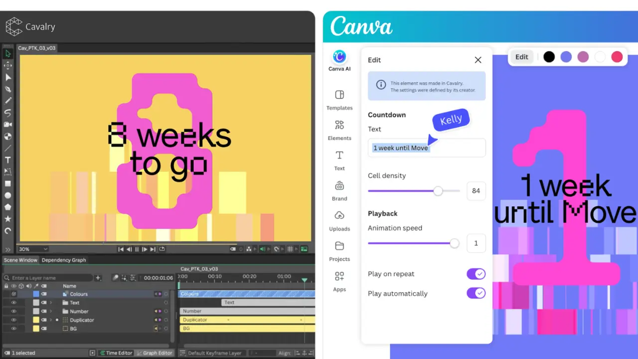 Split screen showing Cavalry design software on the left with "8 weeks to go" animation and Canva on the right displaying "1 week until Move" with animation settings panel open