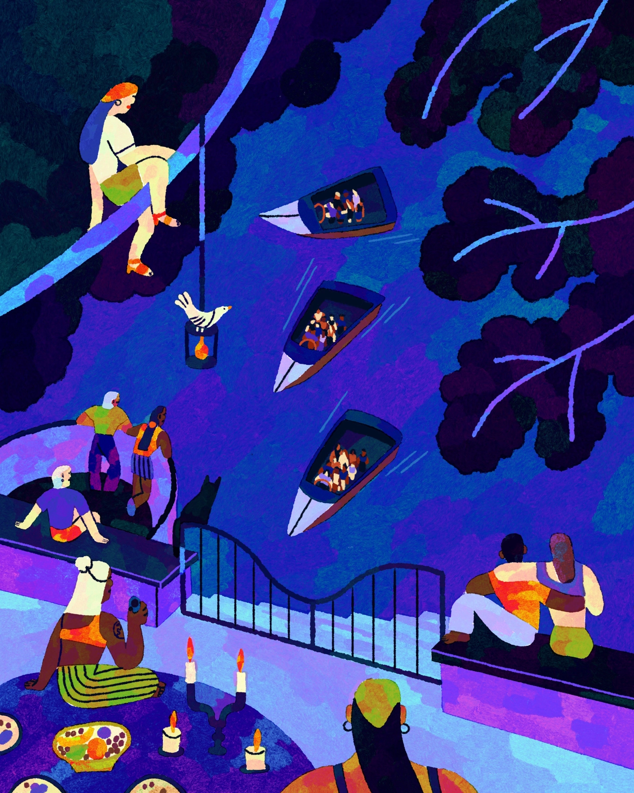 Illustrated scene of people enjoying a rooftop gathering overlooking the sea at night, with boats below and dramatic blue and purple tones throughout