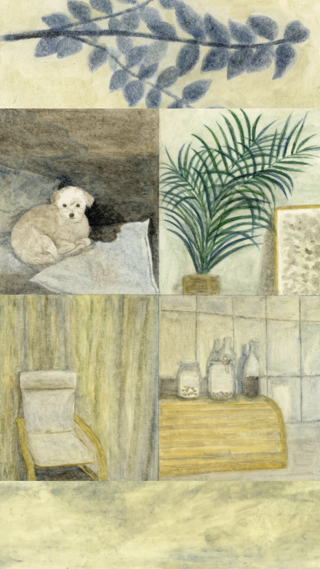 Illustrated grid of six domestic scenes including blue botanical branches, a white dog on bedding, a potted green plant, a chair with yellow curtains, bathroom toiletries on a wooden shelf, and textured backgrounds in muted tones