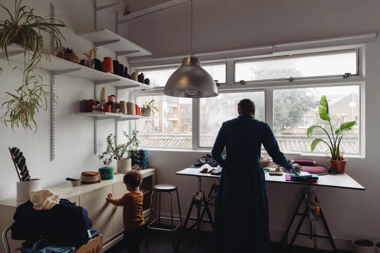 Textile designer Yemi Awosile with her son Ezra shot at her East London studio