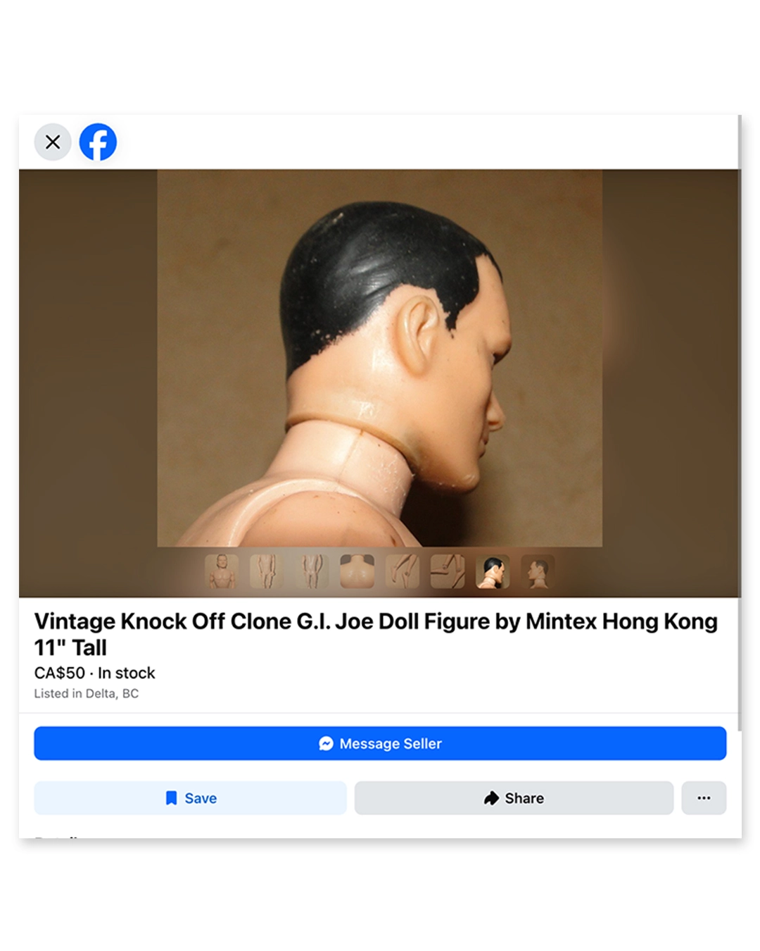 Side profile of a vintage G.I. Joe knock-off doll figure by Mintex Hong Kong, shown as a Facebook Marketplace listing priced at CA$50