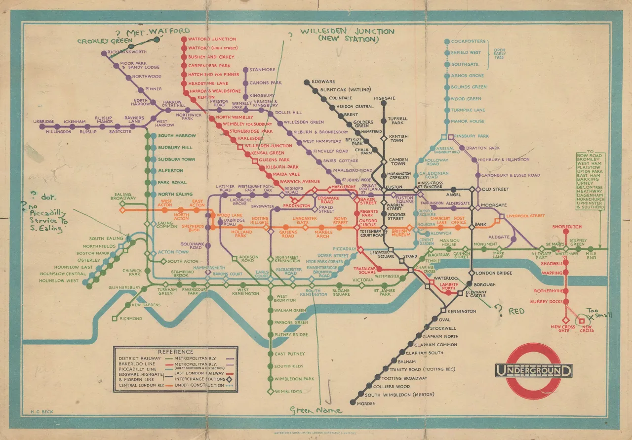 Unpublished Proof of Harry Beck’s 1933 First Edition Tube Map, Harry Beck, 1932. Courtesy of The Map House