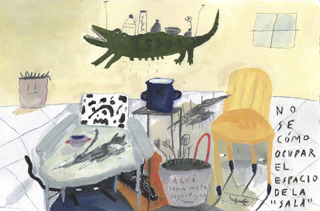Whimsical interior scene with a giant green crocodile floating above a table and chairs, with Spanish text on the right reading "No se como ocupar el espacio de la sala