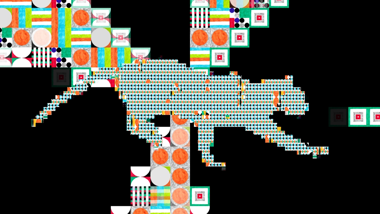 Colourful pixelated map of Italy composed of geometric shapes including circles, stripes and squares in bright orange, blue, yellow and green tones