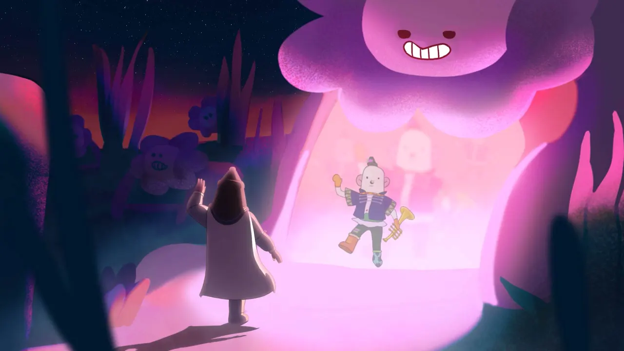 A silhouetted figure in a dark landscape gazes at a glowing pink cloud creature with a wide grin, whilst a small glowing character floats in the bright pink light between them