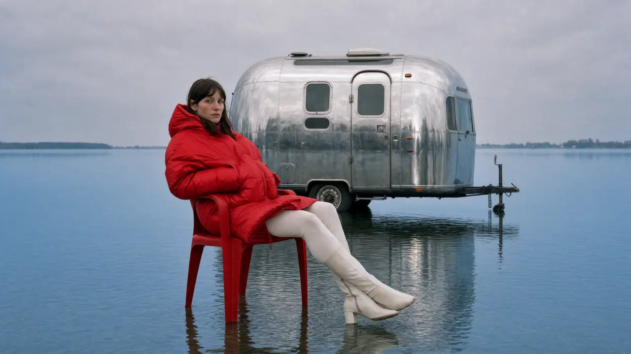 Woman in bright red puffer coat sitting on a red stool in shallow water next to a silver Airstream caravan on a calm blue lake