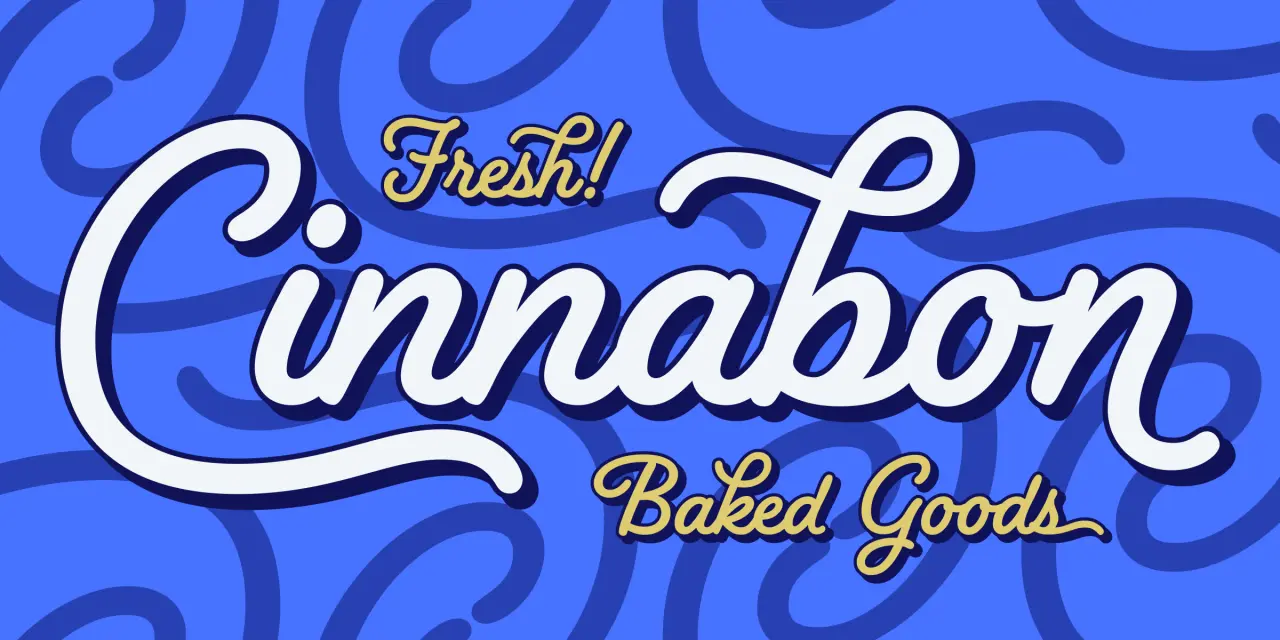 Fresh! Cinnabon Baked Goods logo in white script lettering with gold accents on a blue decorative background