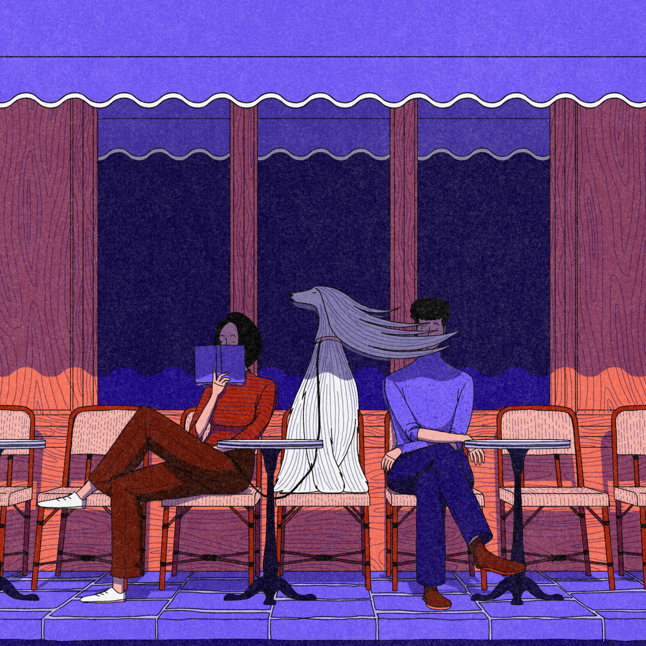 Three figures sitting in chairs facing large windows with purple curtains in an interior space with warm orange and purple tones