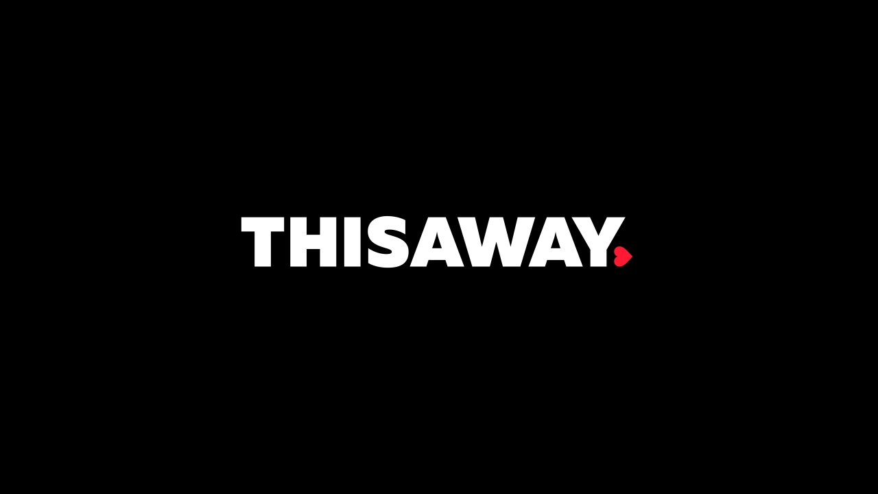 Thisaway logo in white text with red full stop on black background