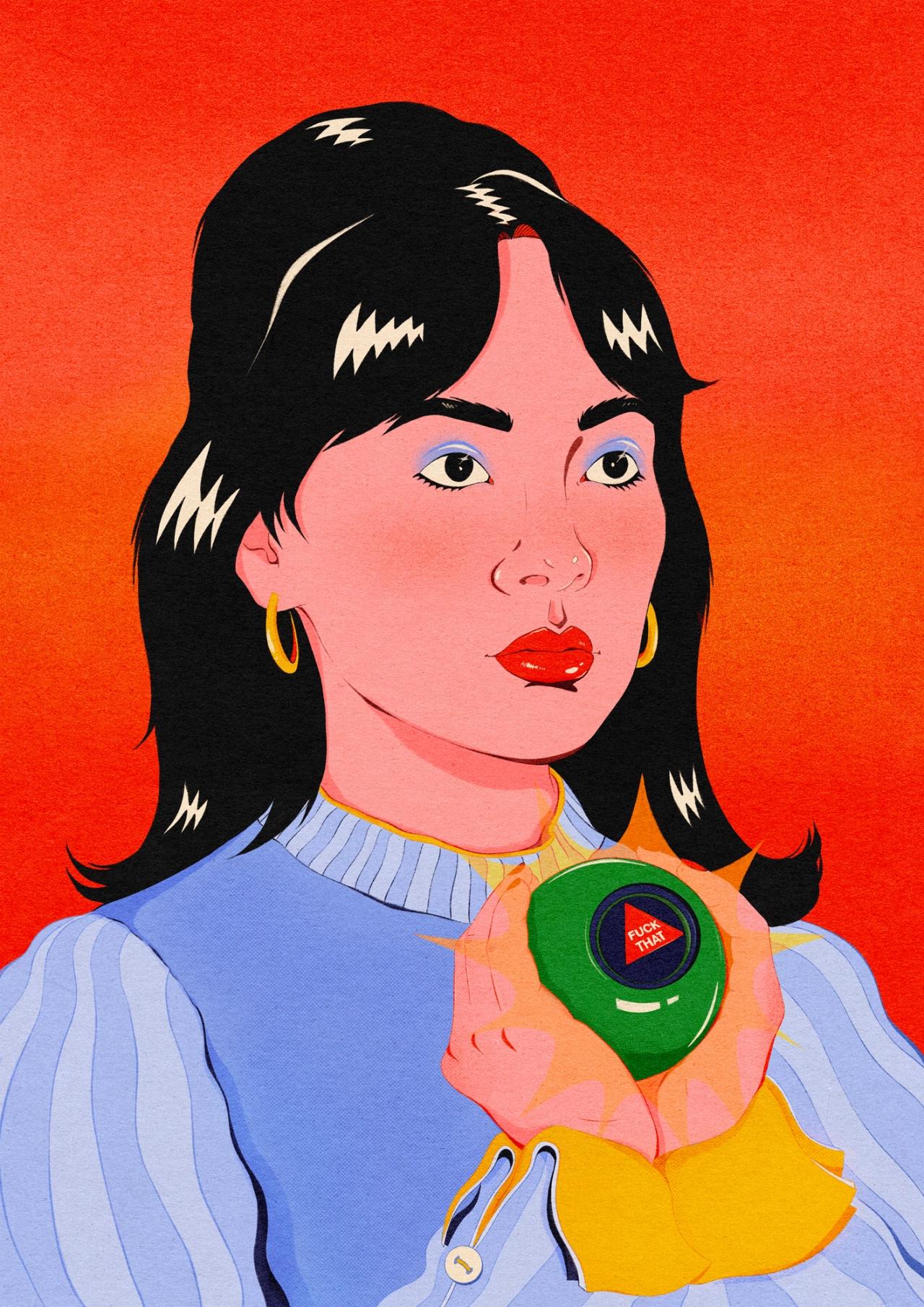 Illustration of a woman with black hair and red lips wearing a blue striped top and holding a green and orange handheld device against a bright red background