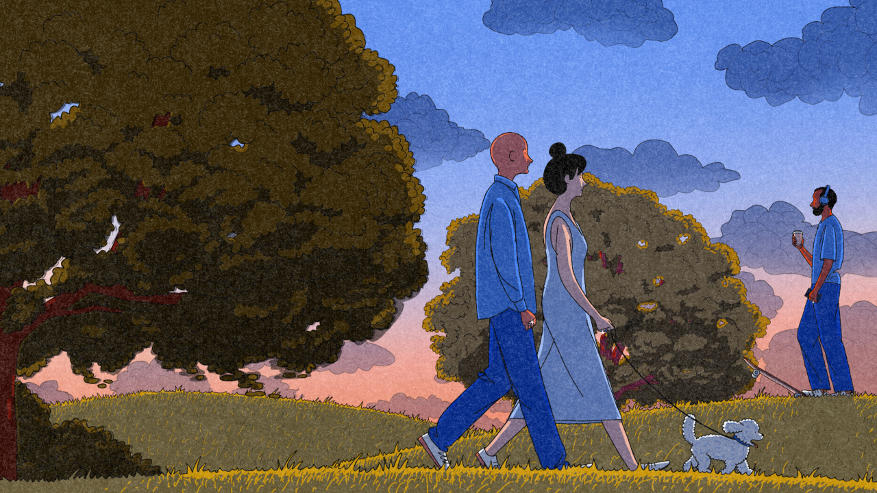 Illustrated scene of people in blue clothing walking through a park with large rounded trees under a blue sky with grey clouds