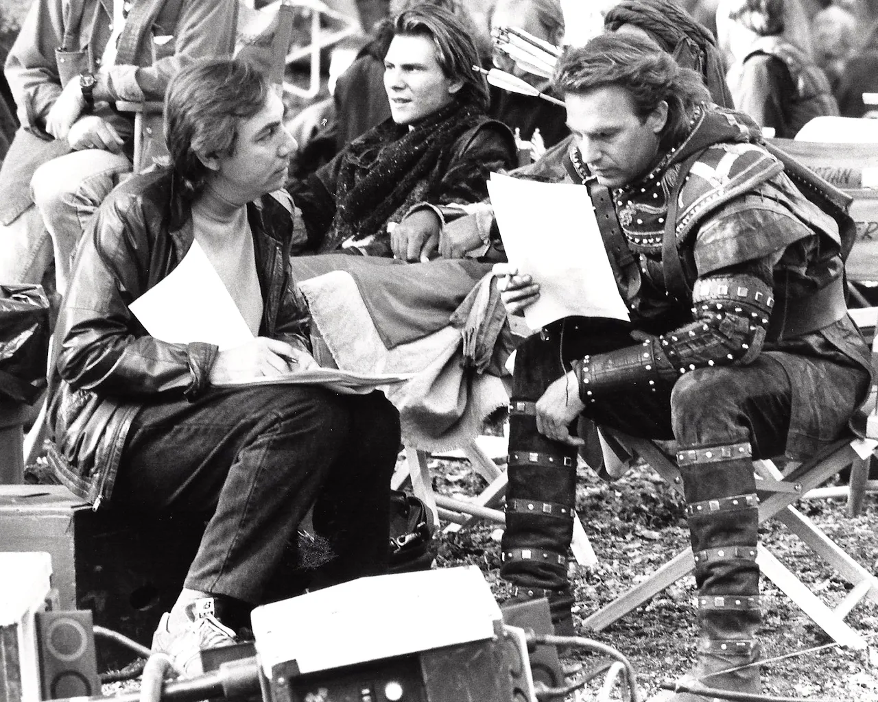 Pen Densham on set with Kevin Costner for Robin Hood: Prince of Thieves, with Christian Slater in the background