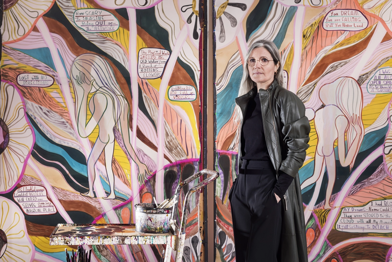 Emma Talbot Portrait in the artist’s studio Pictured with When Screens Break, 2020 Photo: Thierry Bal