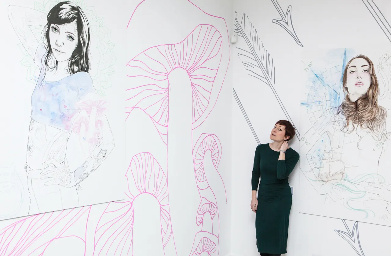 Miss Led Intimate, solo show mixed media paintings and gallery mural installation. Photo credit: Sophia Schorr-Kon @3rd Lens Studio