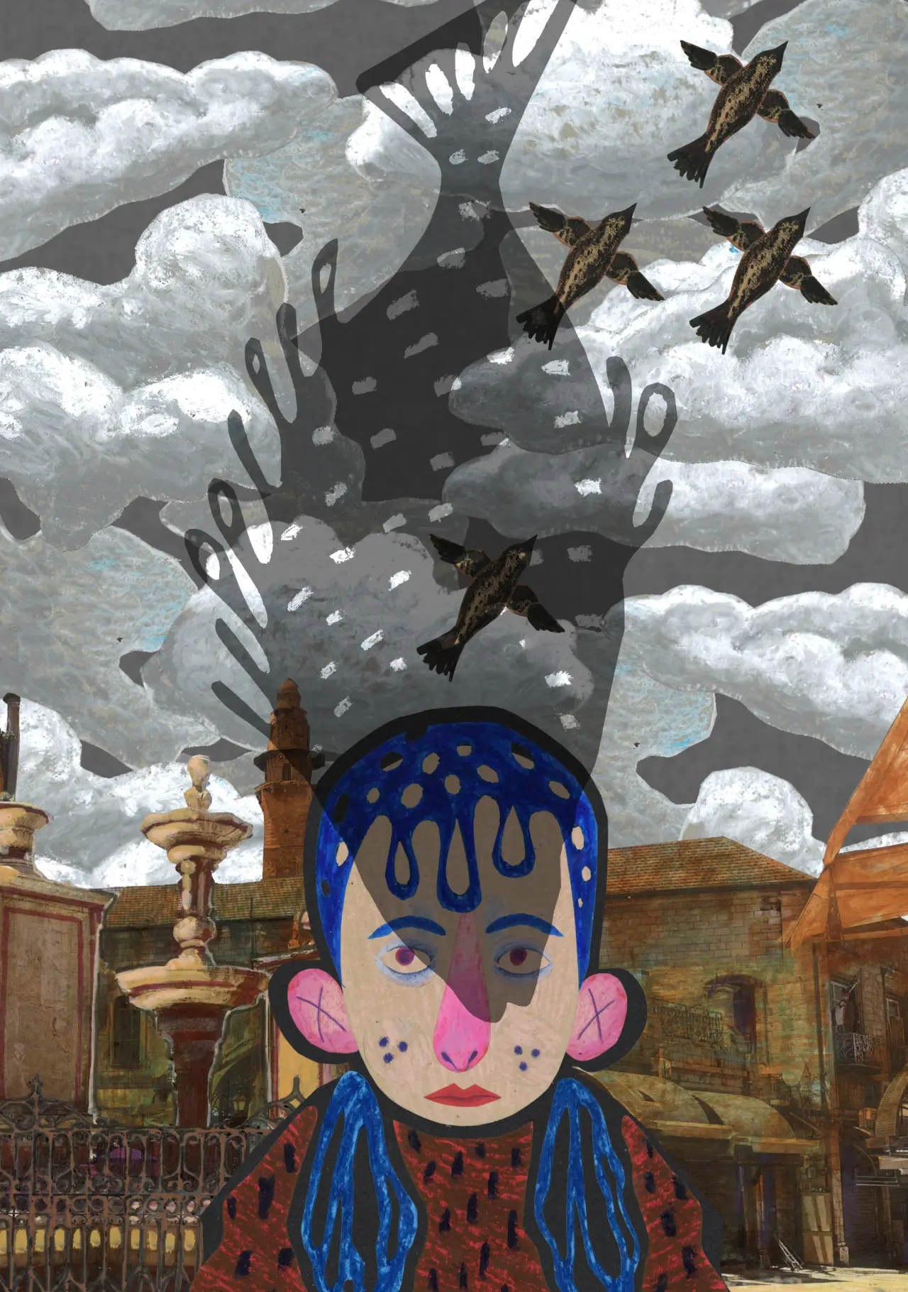 A stylised illustrated character with blue hair and pink ears stands in a village setting beneath a dark silhouette of a figure with birds flying around it and white clouds above