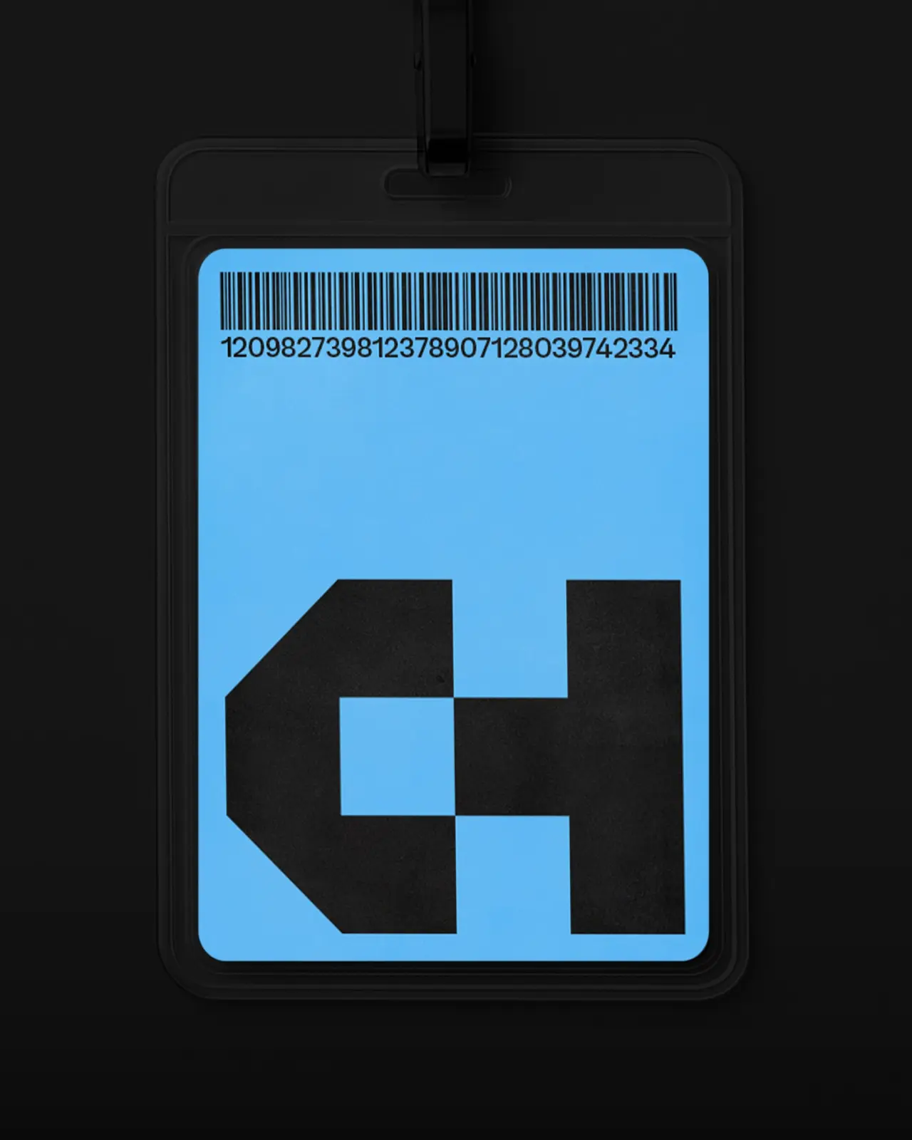 Black pixelated letters C and H forming a house symbol on bright blue badge with barcode, mounted on black lanyard