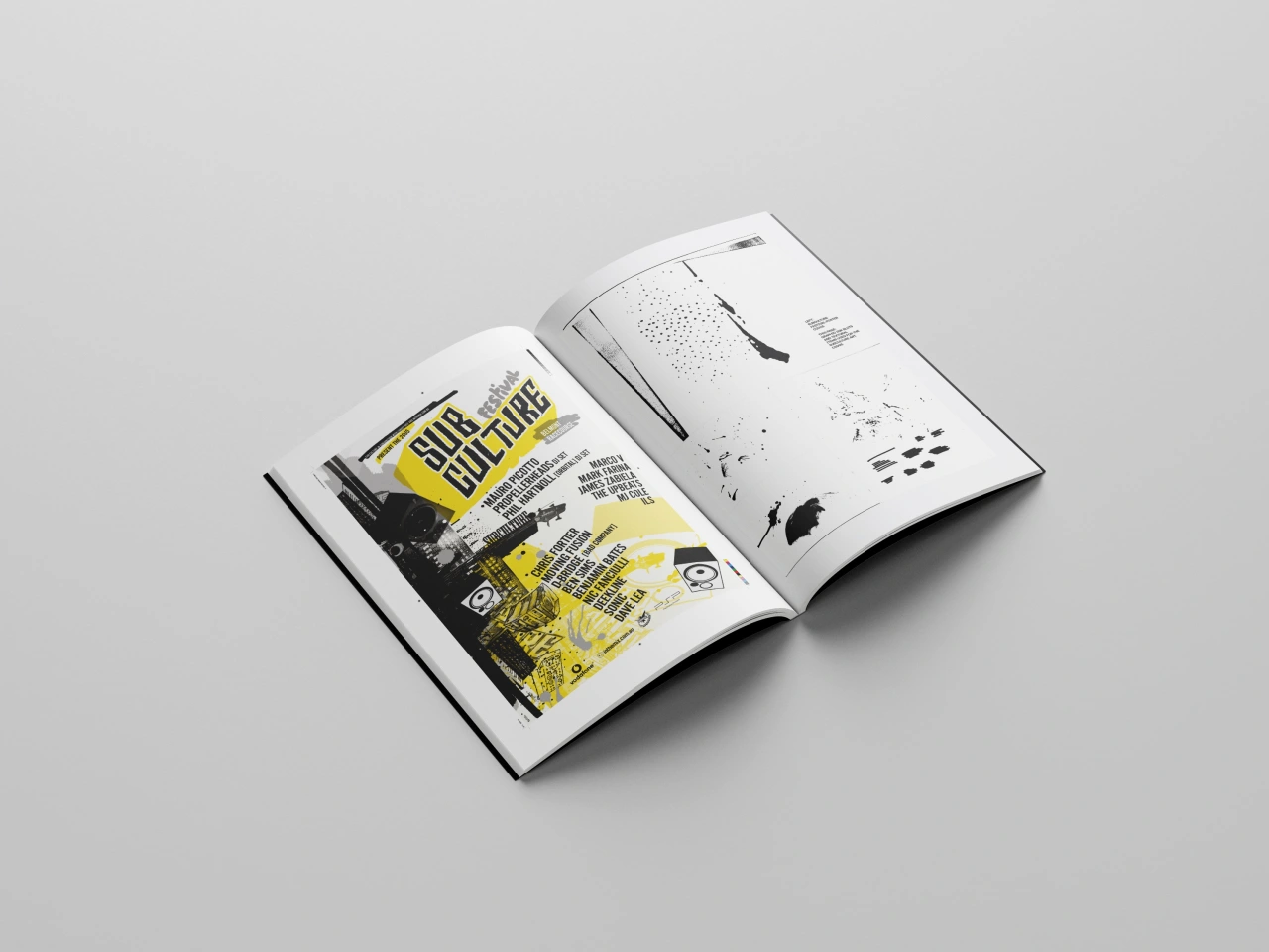 Open pages of Drawing on the Future showing yellow and black rave flyer design on the left and experimental typography on the right