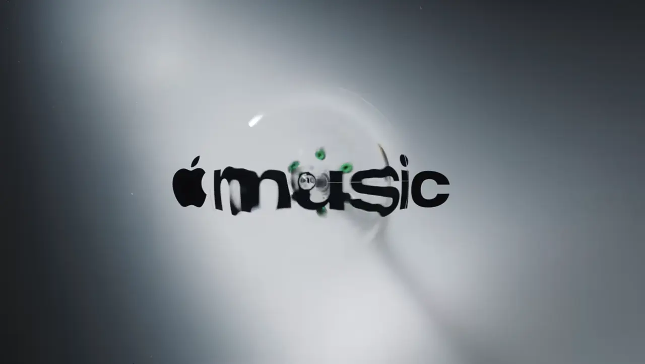 Apple Music logo with black text and musical note symbol surrounded by rippling waves against a grey gradient background