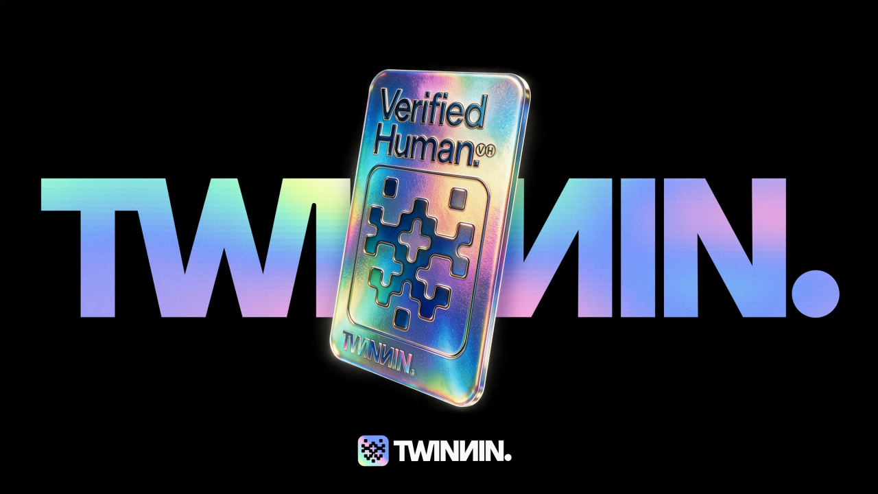 Holographic smartphone displaying the Verified Human logo alongside the gradient text "TWINMIN." and Twinnin branding on a black background