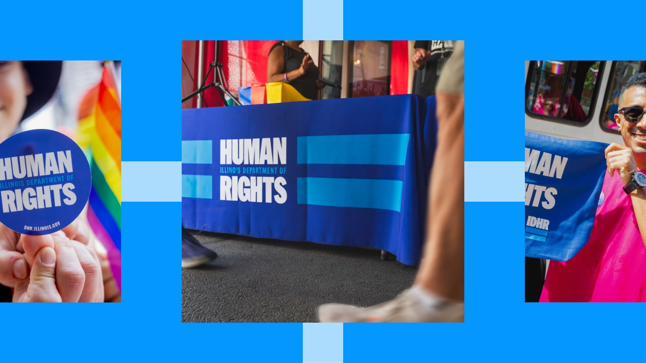 Collage showing three photos of people wearing and displaying blue "HUMAN RIGHTS" branded materials at what appears to be a public event or rally