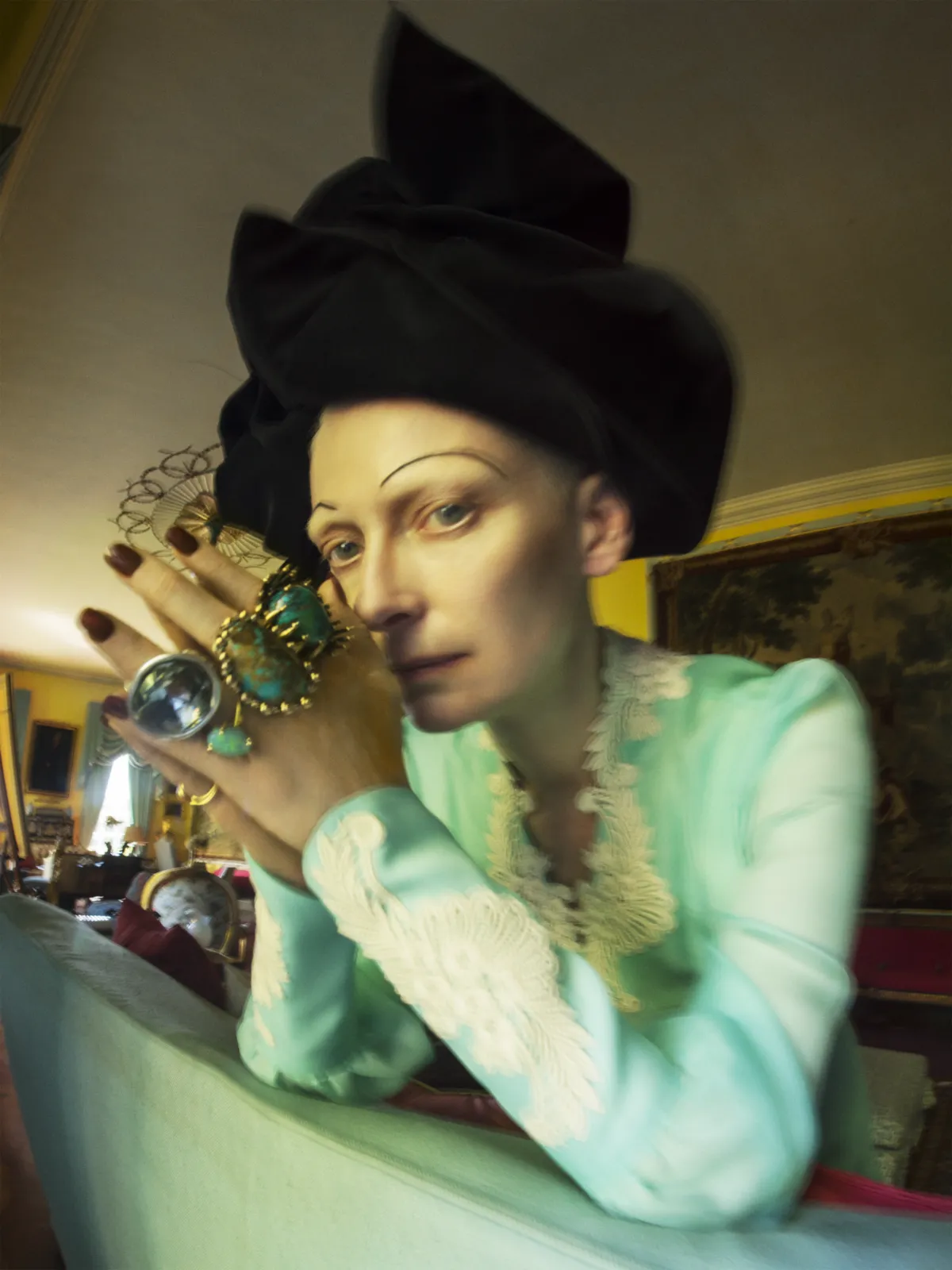 Tilda Swinton Fashion: Gucci, Marc Jacobs Jewellery: Lisa Eisner Jewelry, Vela, Uno de 50, A. Brandt + Son Renishaw Hall, Derbyshire, 2018 © Tim Walker Studio