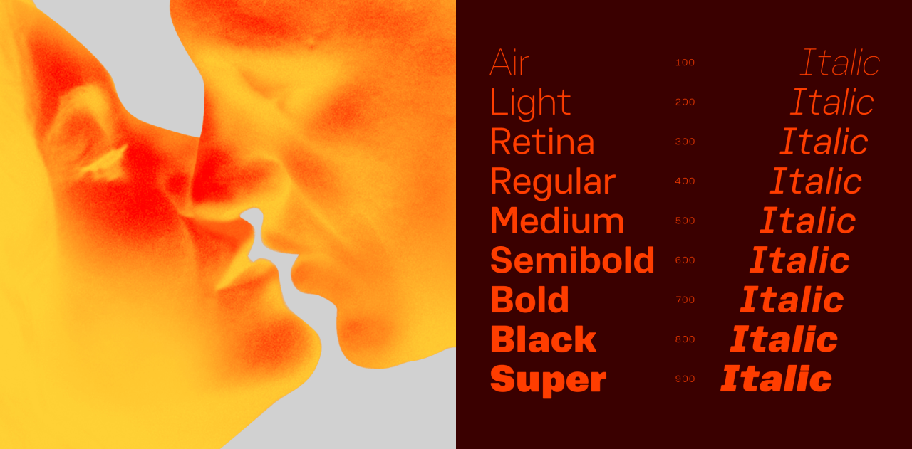 Magmae typeface display showing weight variations from Air to Super in orange and red text on dark background, alongside abstract orange and yellow gradient illustration