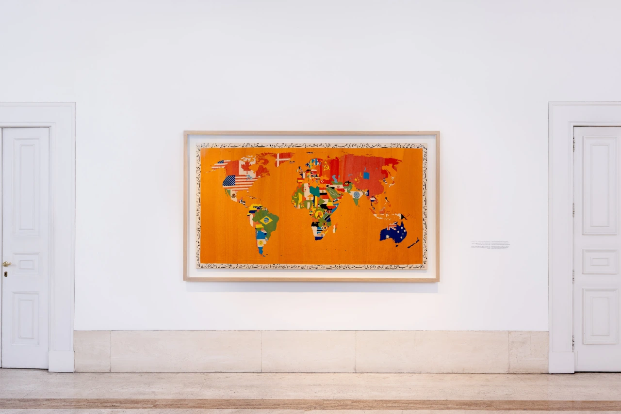Alighiero Boetti (1940–1994), Mappa, 1993, embroidery, 117 x 216 cm (46 x 85 in.) Courtesy of Robilant+Voena