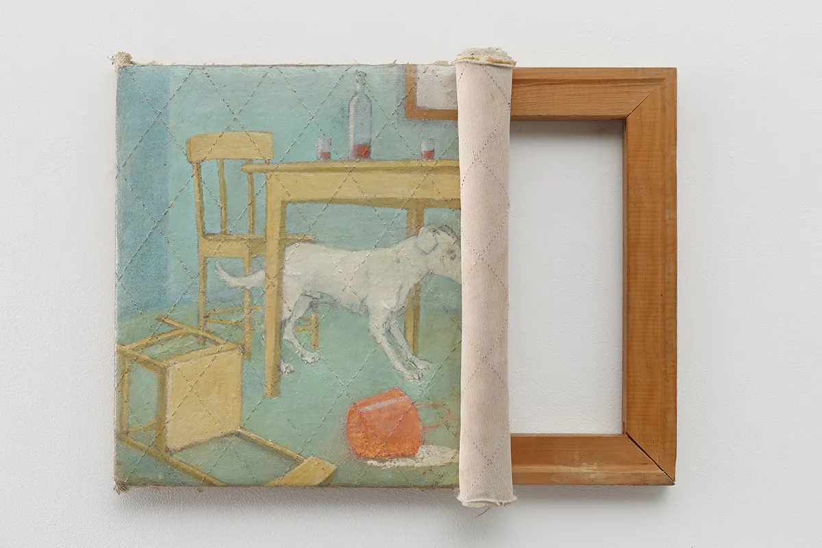 Francis Alÿs The Upset Bucket 1991–92 Oil on canvas (oil, graphite and masking tape on vellum in two parts) Painting 31.8 × 40 × 5.1 cm Drawing 43.8 × 64.8 × 5.1 cm Courtesy David Zwirner, New York/London © Francis Alÿs