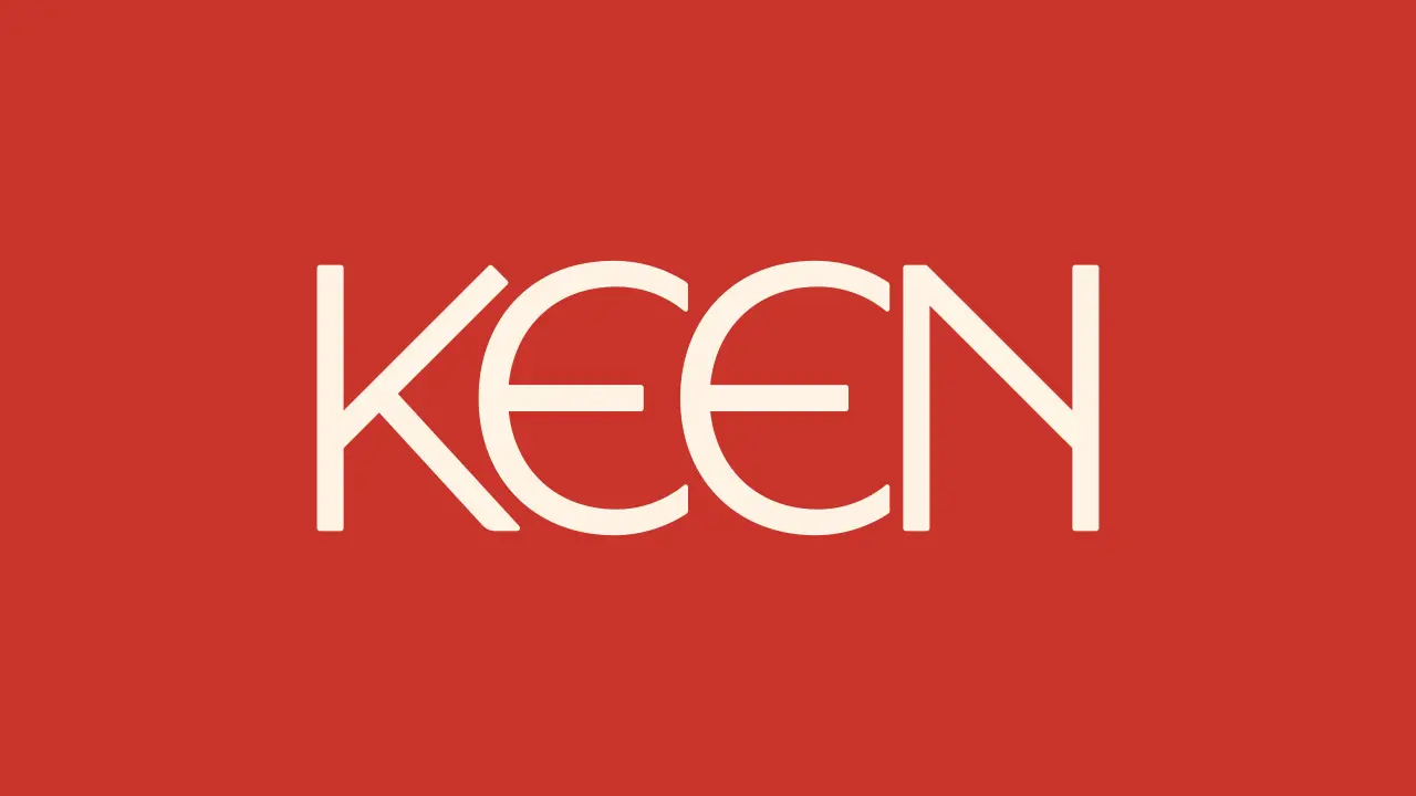 Keen logo in white letters on a red background