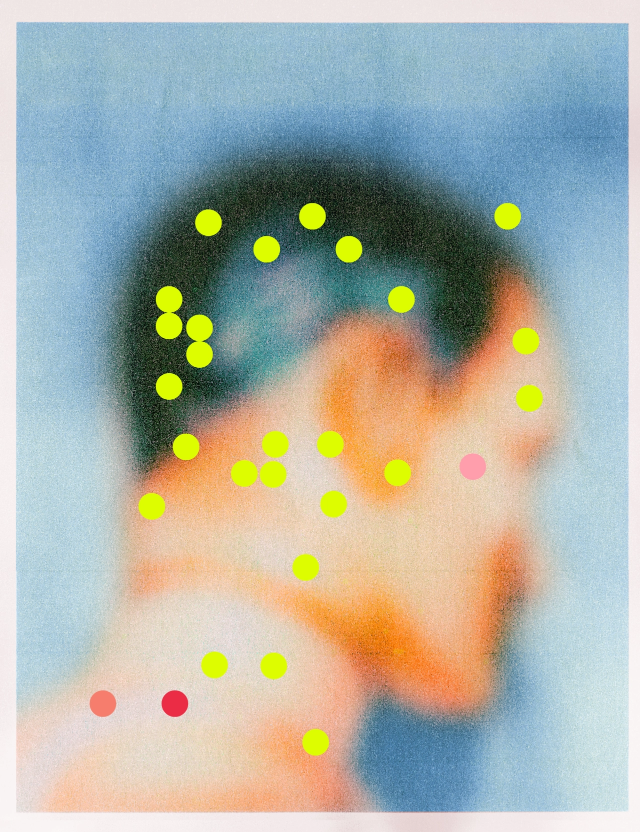 Blurred portrait with neon yellow dots mapping facial features against soft blue and orange tones