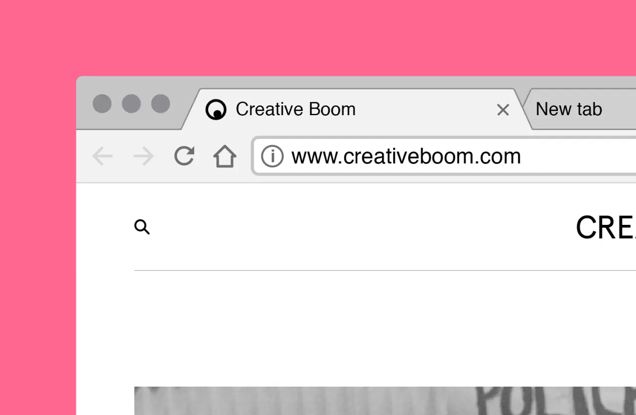 Creative Boom website displayed in a browser window with the mascot eyes visible in the favicon tab on a pink background