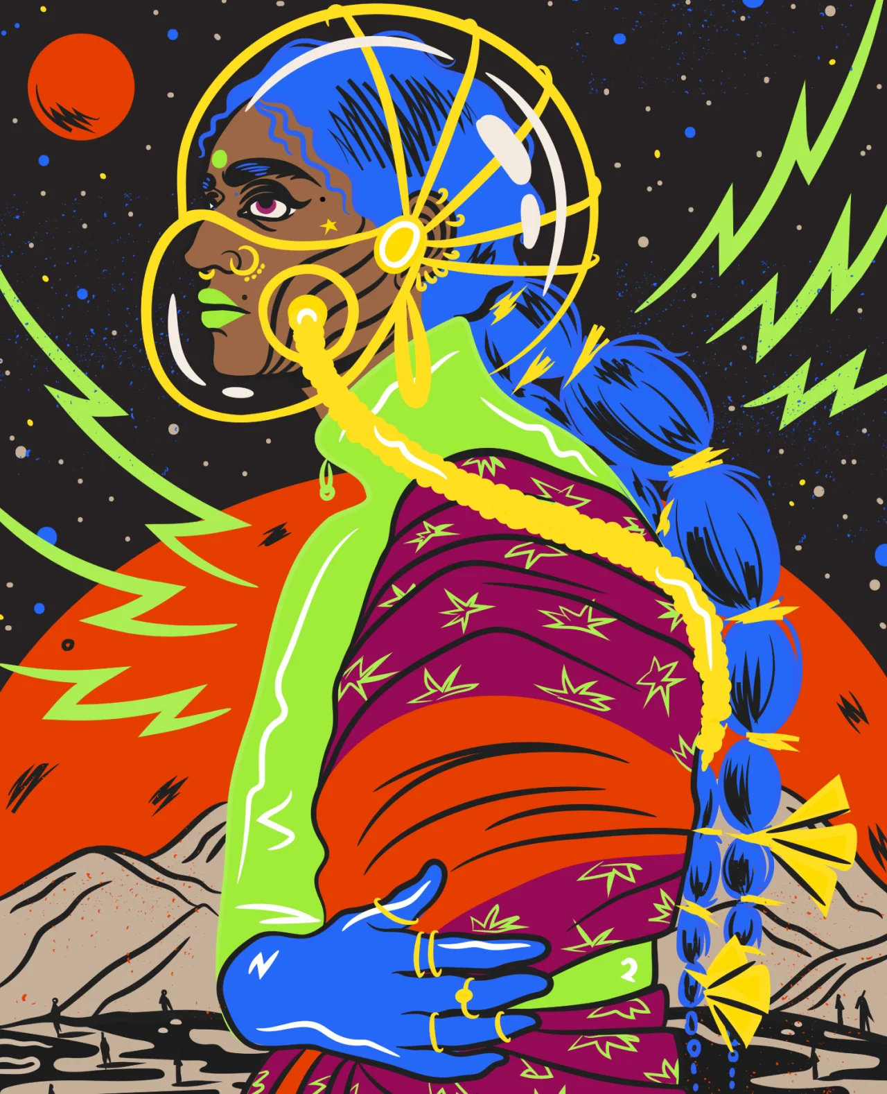 Pandemic Penn, ("Penn" translates to lady in Tamil) features a speculative illustration on the future of masks and attire in the Indian context inspired by the current COVID- 19 pandemic  © Osheen Siva