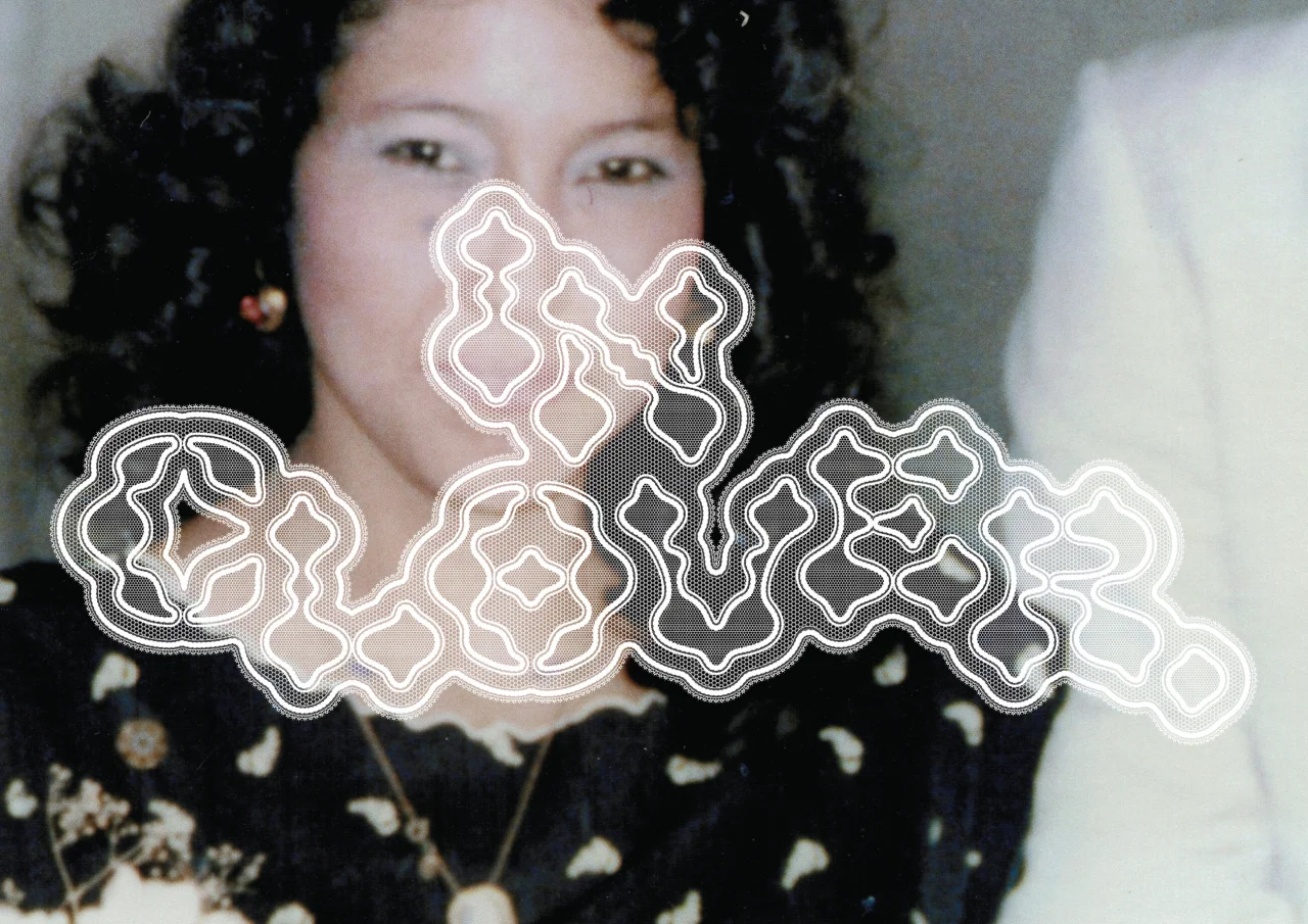 White line-drawn geometric shapes overlaid on a vintage photograph of a woman with dark curled hair wearing a dark patterned garment