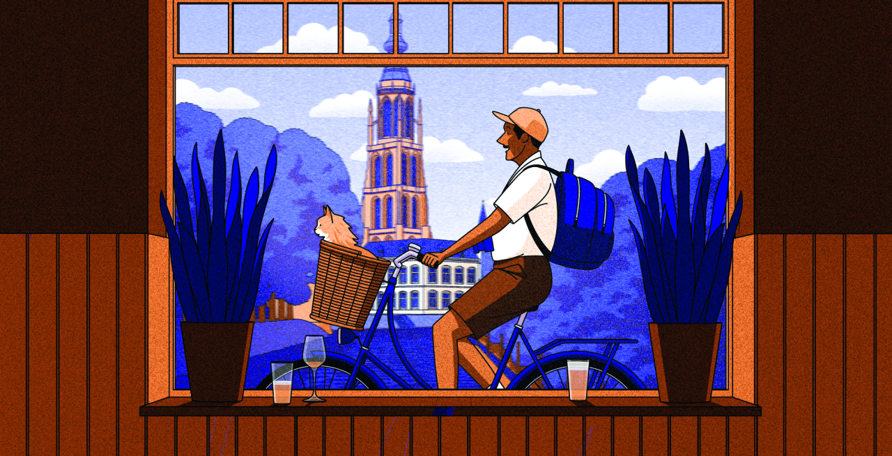 Illustration of a man on a bicycle with a basket, wearing a hat and white shirt, riding past blue plants with a tall striped tower visible in the background through a window
