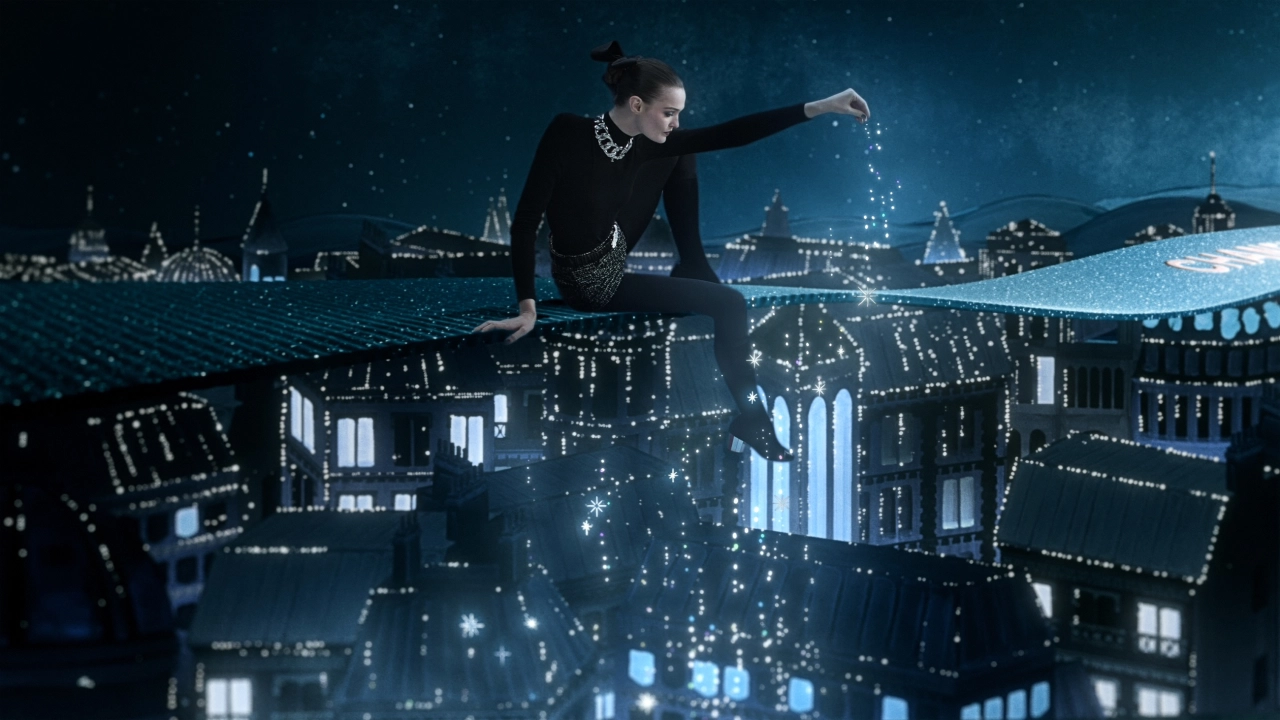 Figure in black clothing suspended above an illuminated digital cityscape, reaching towards floating geometric shapes in a nighttime sci-fi scene