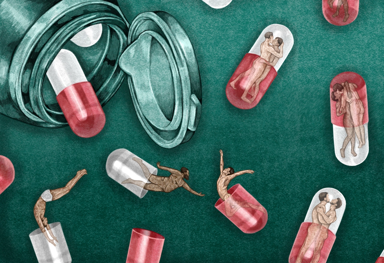Illustrated figures in various poses arranged among oversized capsule pills and a stethoscope on a teal background