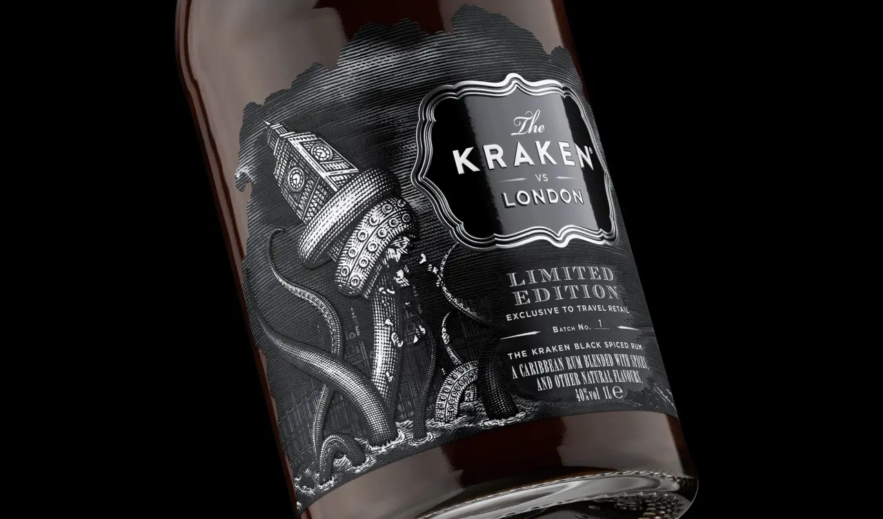 The Kraken Limited Edition bottle with an illustrated squid design on a black label against a dark background