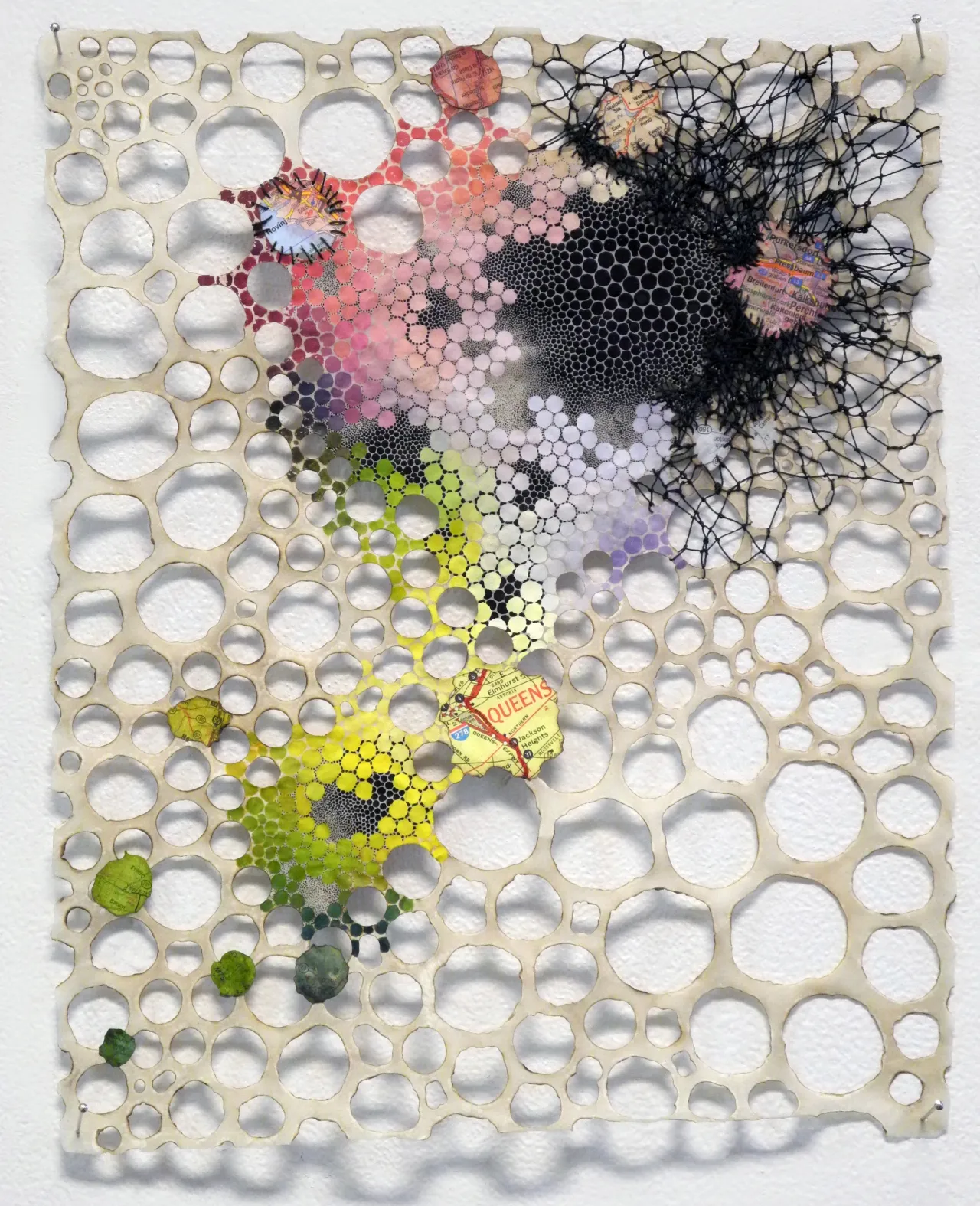 Impedos Karen Margolis Impedes, 2018 watercolor, gouache, maps, thread on Abaca paper 14”x11” Courtesy of the artist and Garis & Hahn