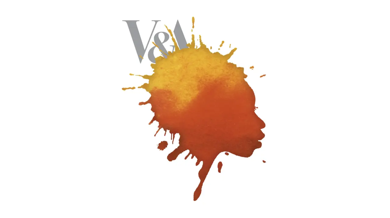 V&A logo with a silhouette of a head in profile filled with a gradient of yellow to deep red, with paint-like splatter effects