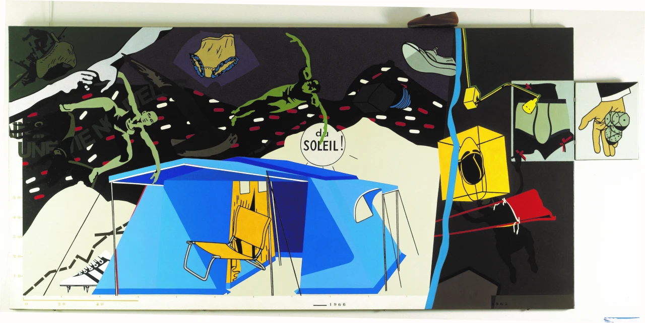 Hervé Télémaque, Inventaire, un homme d’intérieur, 1966, Acrylic on canvas, 150 x 300 cm. © Hervé Télémaque, ADAGP, Paris and DACS, London 2021.