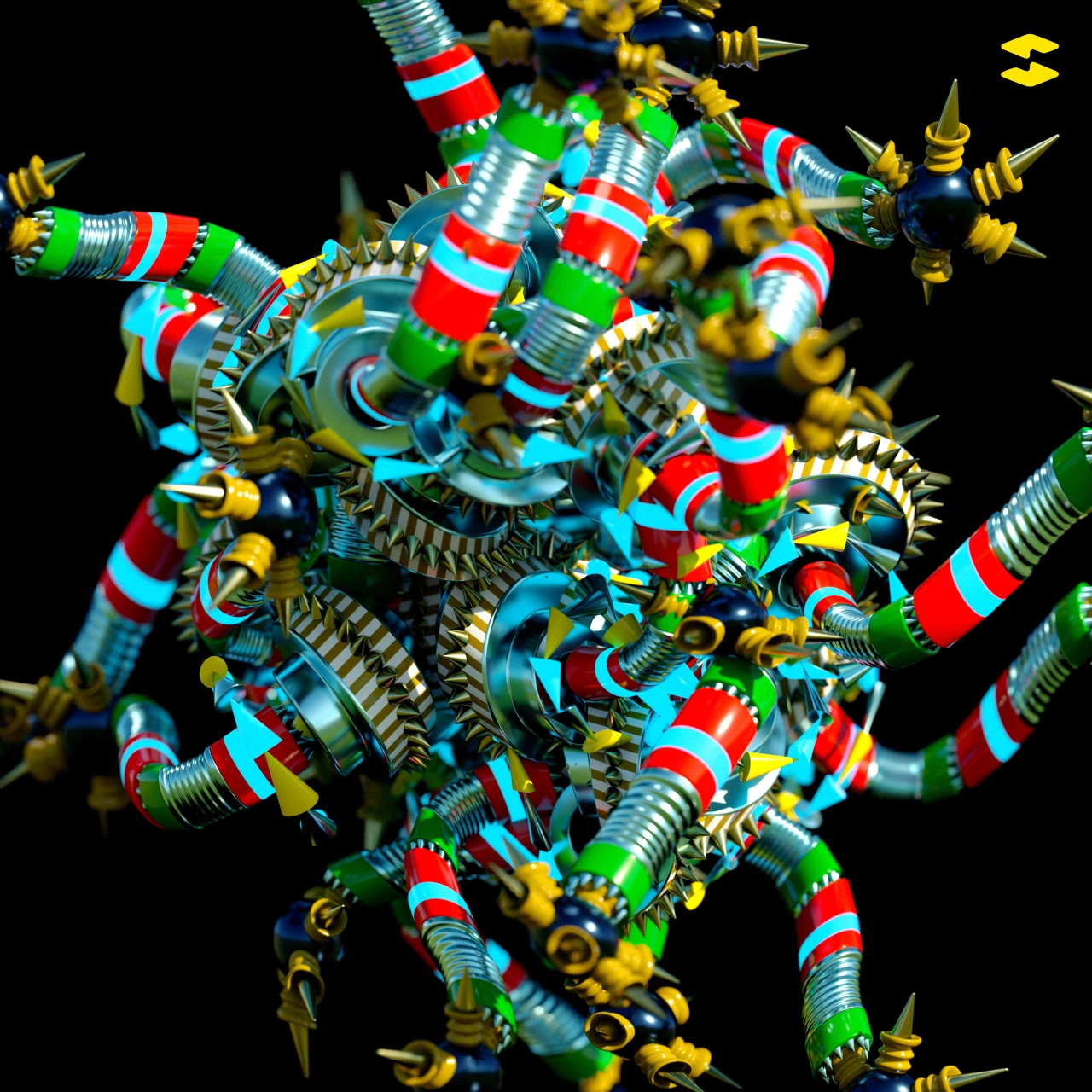 Vibrant 3D-printed figure with red, turquoise and green striped cylindrical segments, metallic blue gears and golden spikes on black background
