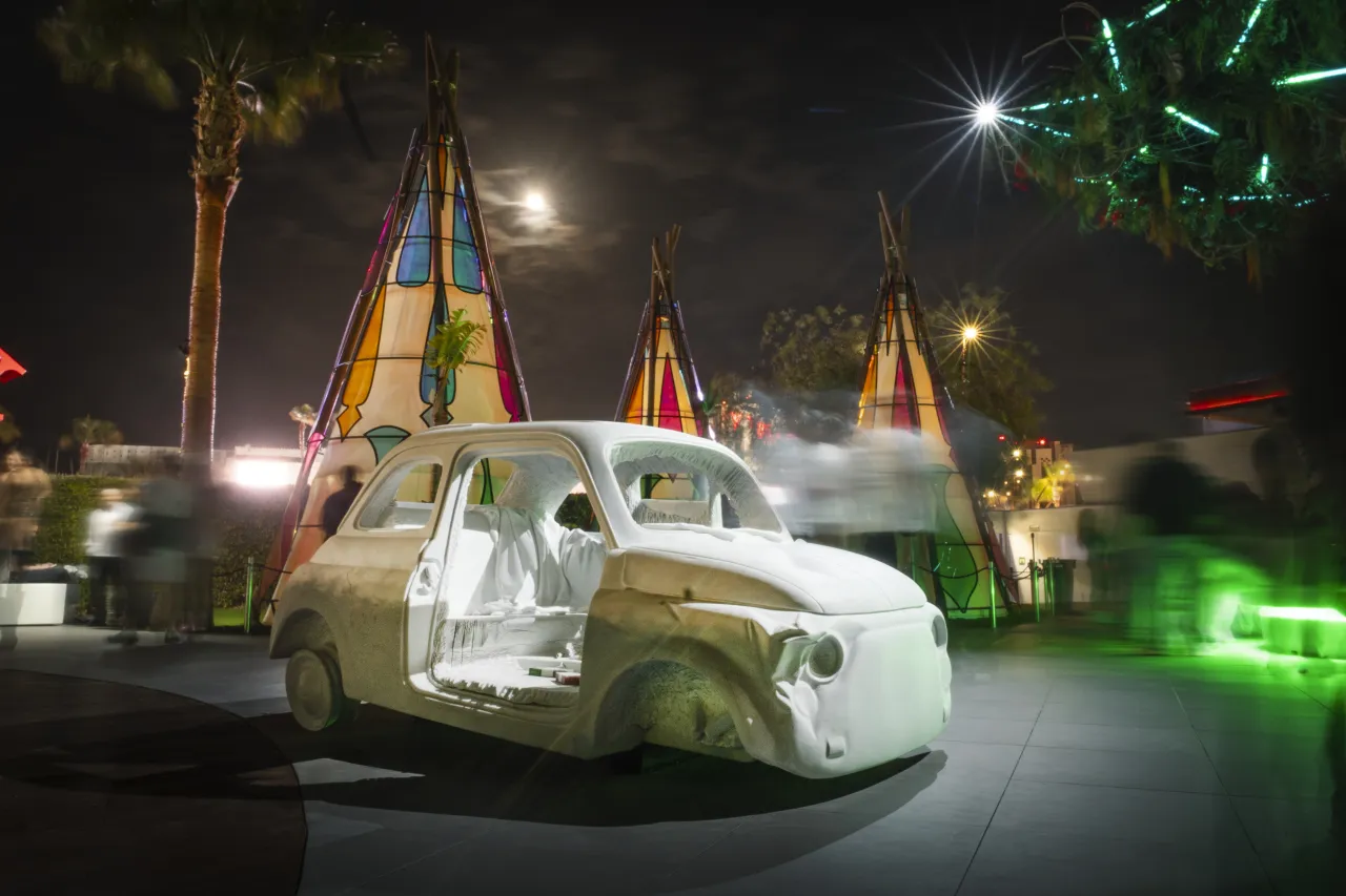 Life-size solid marble sculpture of a Fiat 500 called "Old Lady" by Nazareno Biondo at Hï Ibiza